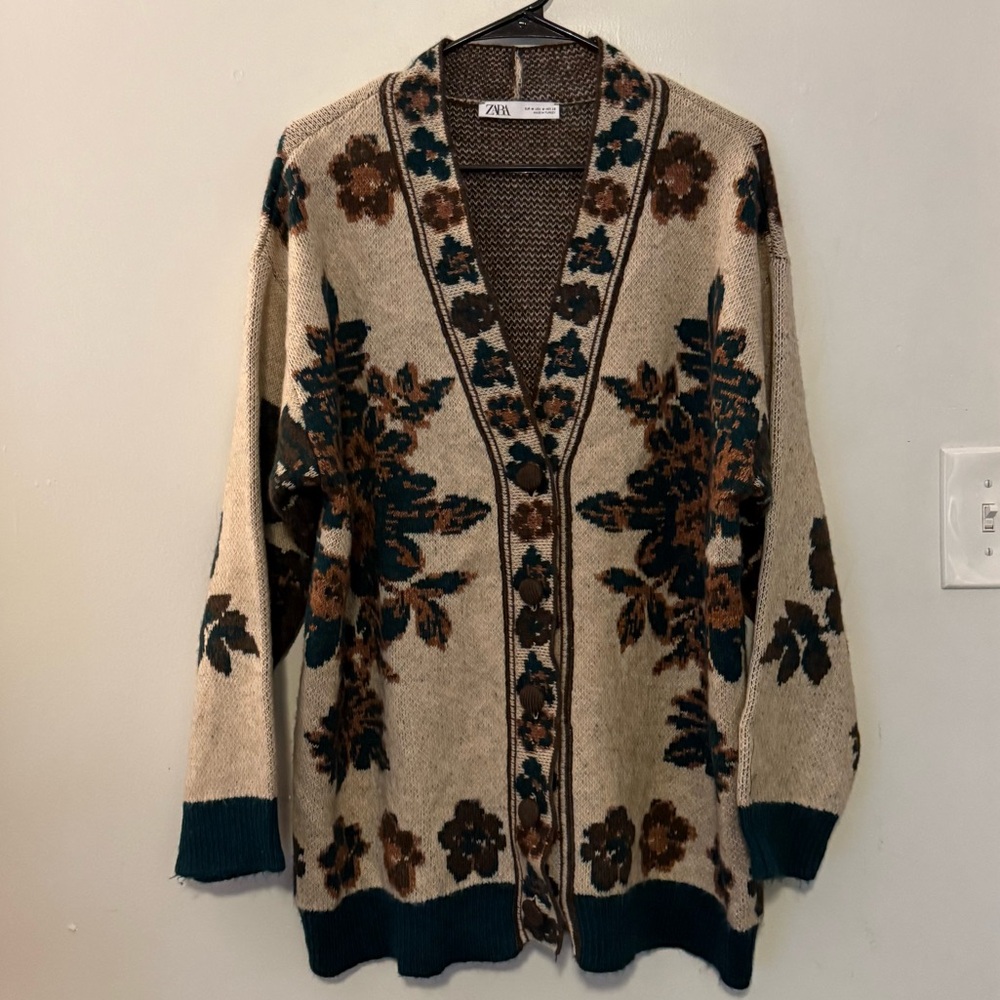 Zara Womens Oversized 3/4 Sleeve V Neck Sweater Cardigan Size M